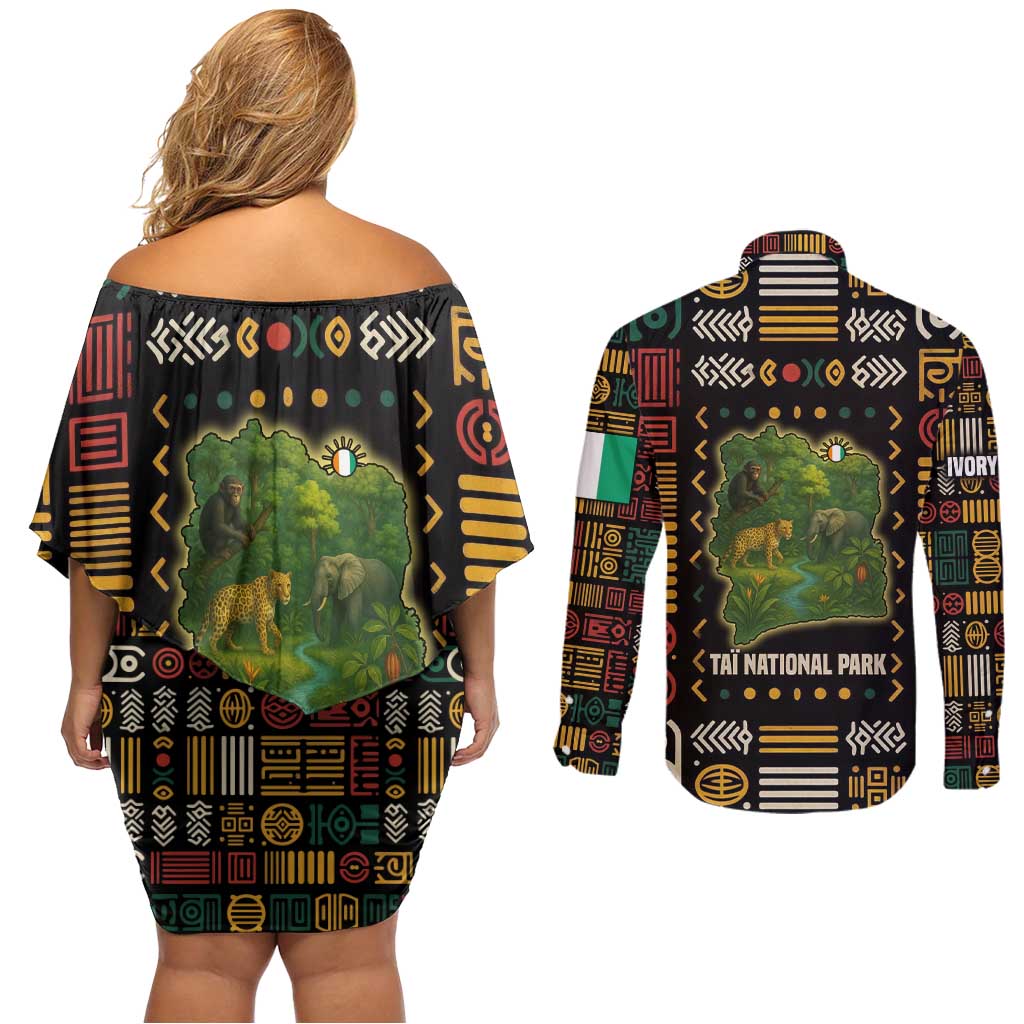 Ivory Coast Couples Matching Off Shoulder Short Dress and Long Sleeve Button Shirt with Taï National Park Wildlife Map Design - Wonder Print Shop