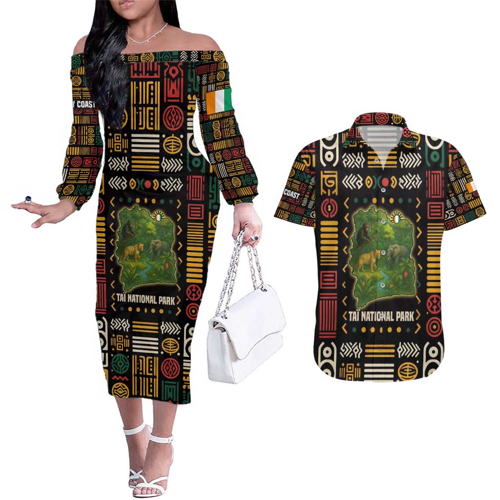 Ivory Coast Couples Matching Off The Shoulder Long Sleeve Dress and Hawaiian Shirt with Taï National Park Wildlife Map Design - Wonder Print Shop
