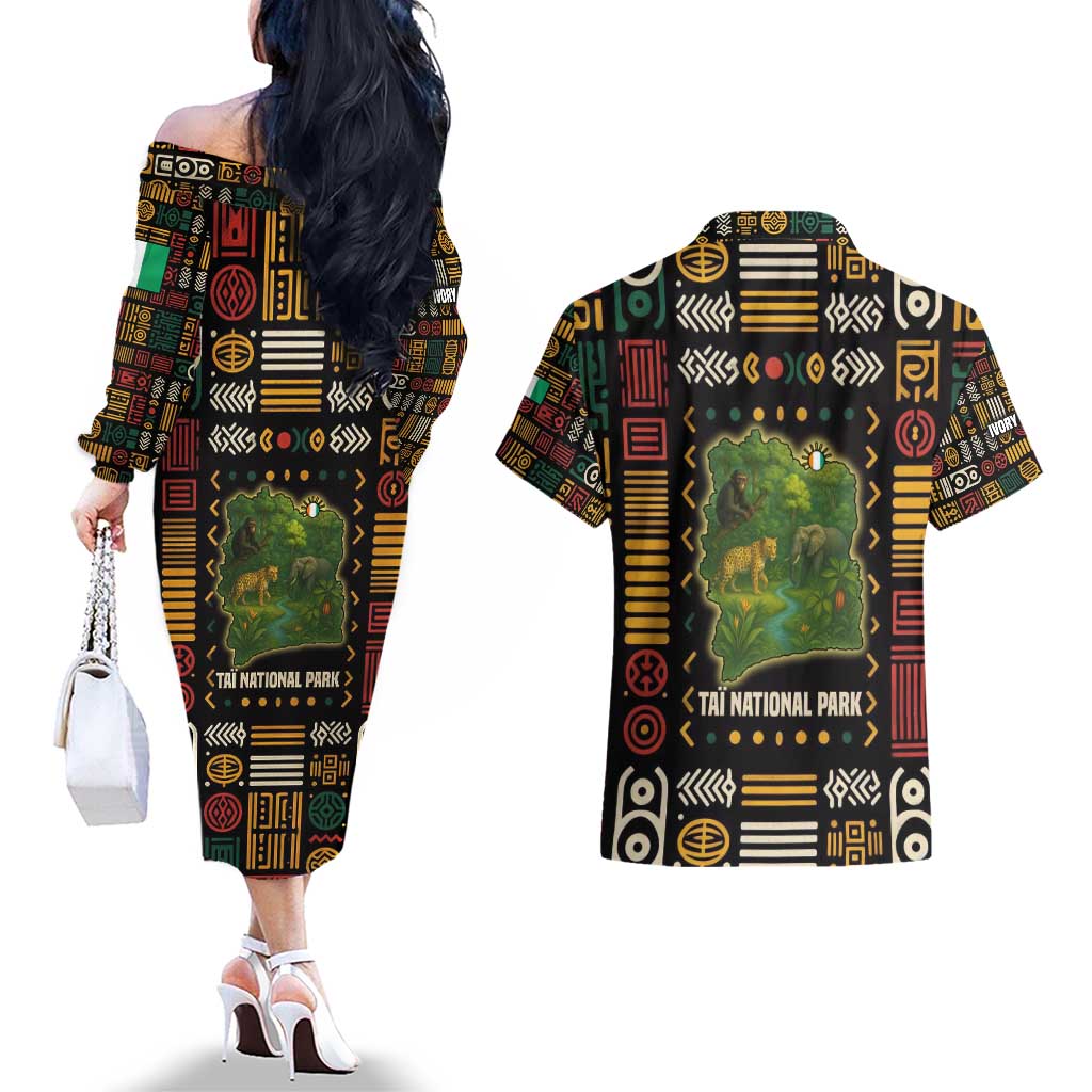 Ivory Coast Couples Matching Off The Shoulder Long Sleeve Dress and Hawaiian Shirt with Taï National Park Wildlife Map Design - Wonder Print Shop