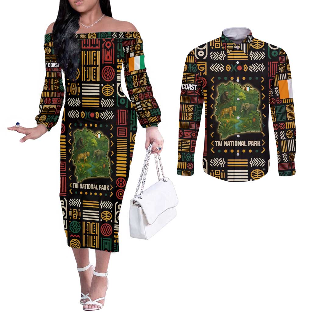 Ivory Coast Couples Matching Off The Shoulder Long Sleeve Dress and Long Sleeve Button Shirt with Taï National Park Wildlife Map Design - Wonder Print Shop