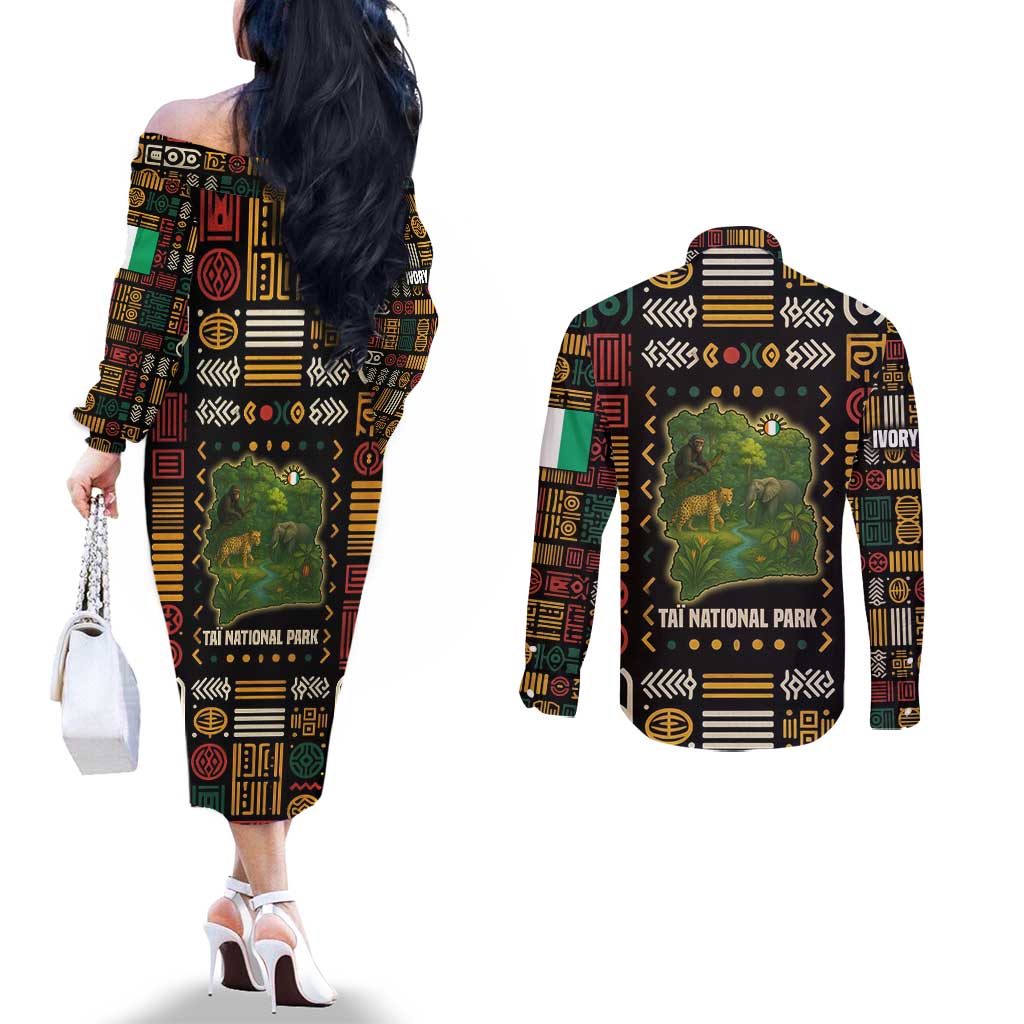 Ivory Coast Couples Matching Off The Shoulder Long Sleeve Dress and Long Sleeve Button Shirt with Taï National Park Wildlife Map Design - Wonder Print Shop