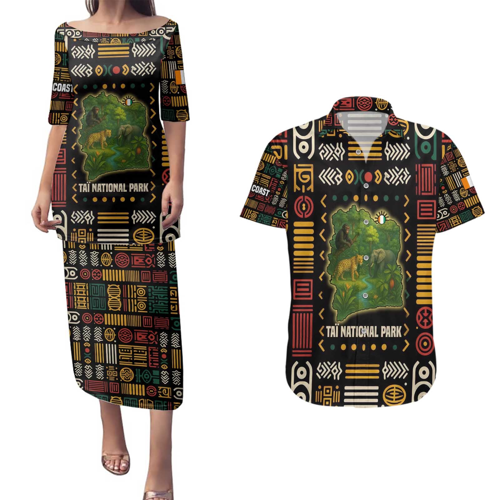 Ivory Coast Couples Matching Puletasi and Hawaiian Shirt with Taï National Park Wildlife Map Design - Wonder Print Shop