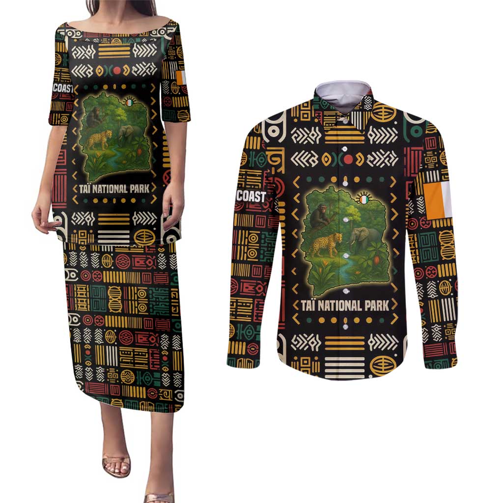 Ivory Coast Couples Matching Puletasi and Long Sleeve Button Shirt with Taï National Park Wildlife Map Design - Wonder Print Shop