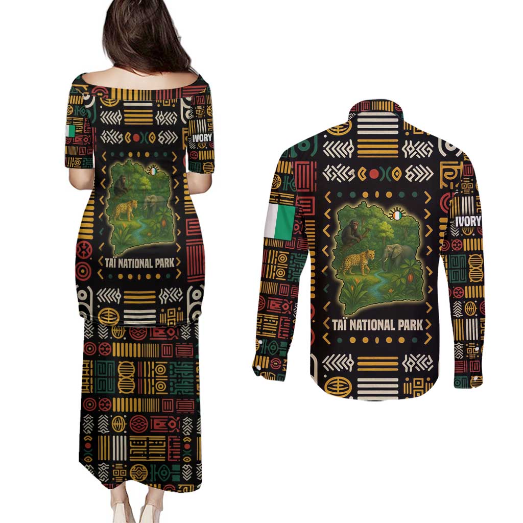 Ivory Coast Couples Matching Puletasi and Long Sleeve Button Shirt with Taï National Park Wildlife Map Design - Wonder Print Shop