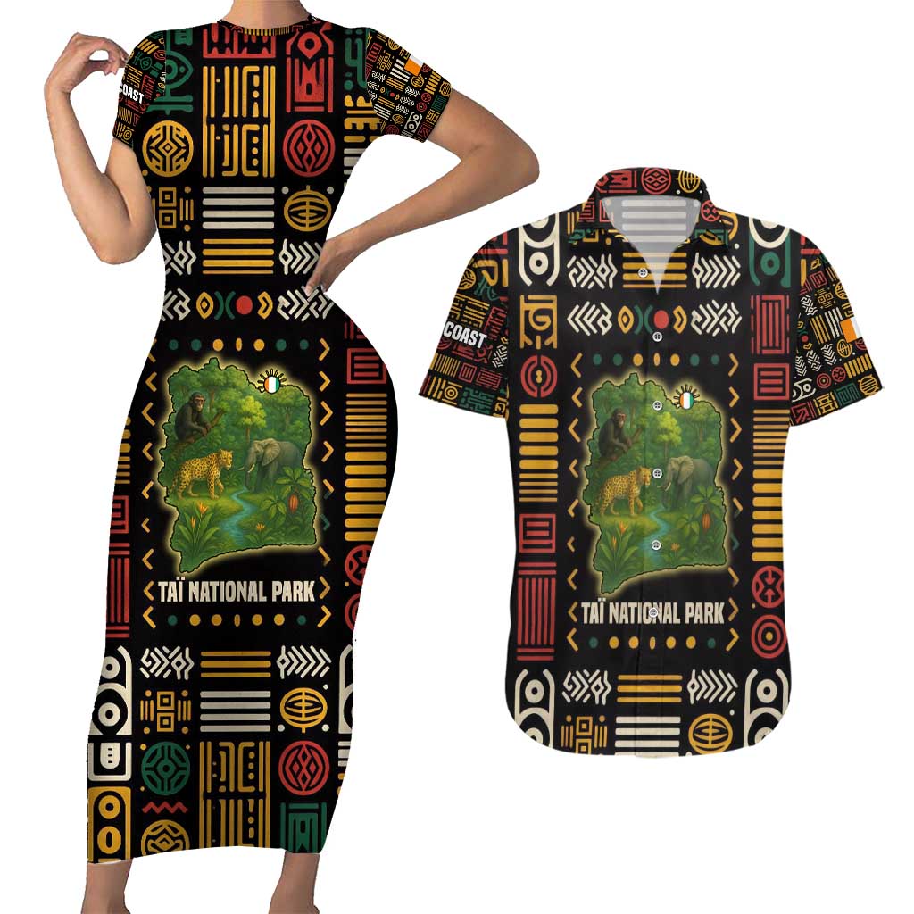 Ivory Coast Couples Matching Short Sleeve Bodycon Dress and Hawaiian Shirt with Taï National Park Wildlife Map Design - Wonder Print Shop