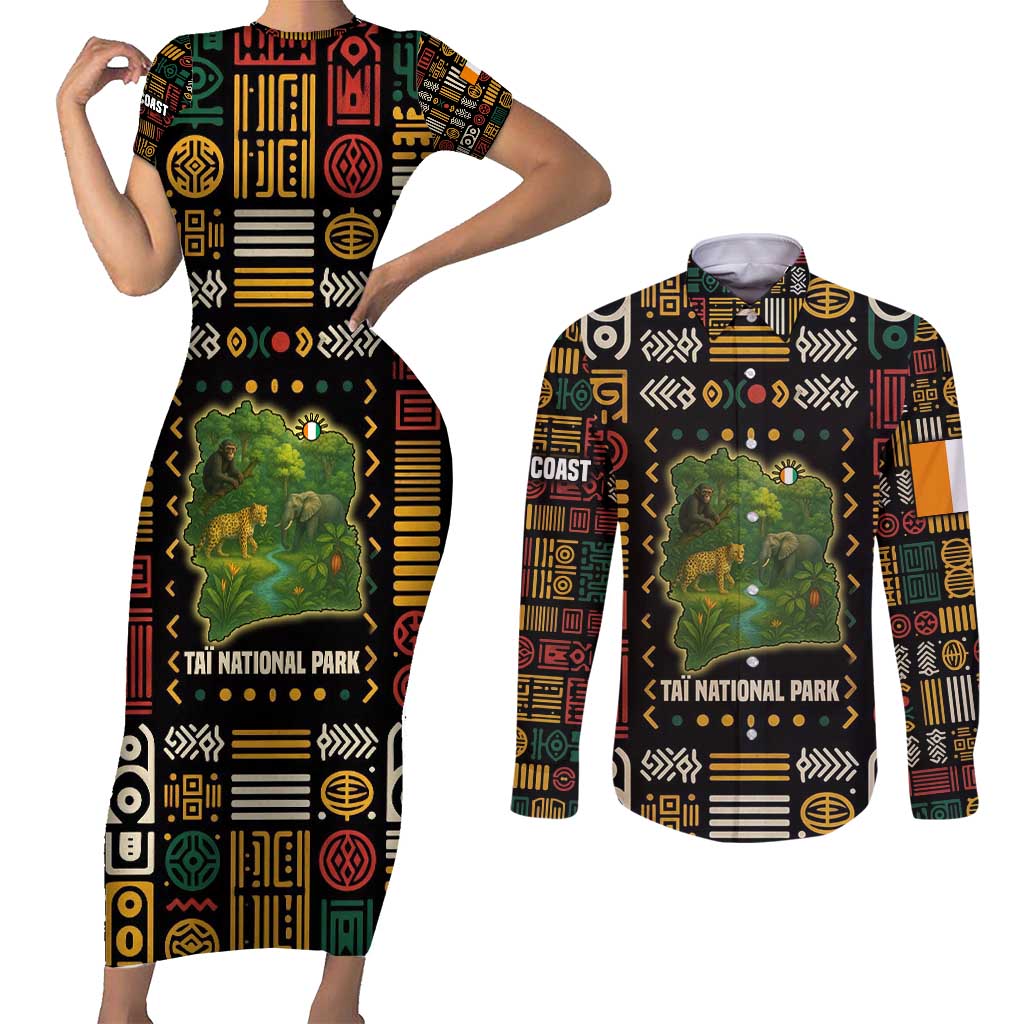 Ivory Coast Couples Matching Short Sleeve Bodycon Dress and Long Sleeve Button Shirt with Taï National Park Wildlife Map Design - Wonder Print Shop