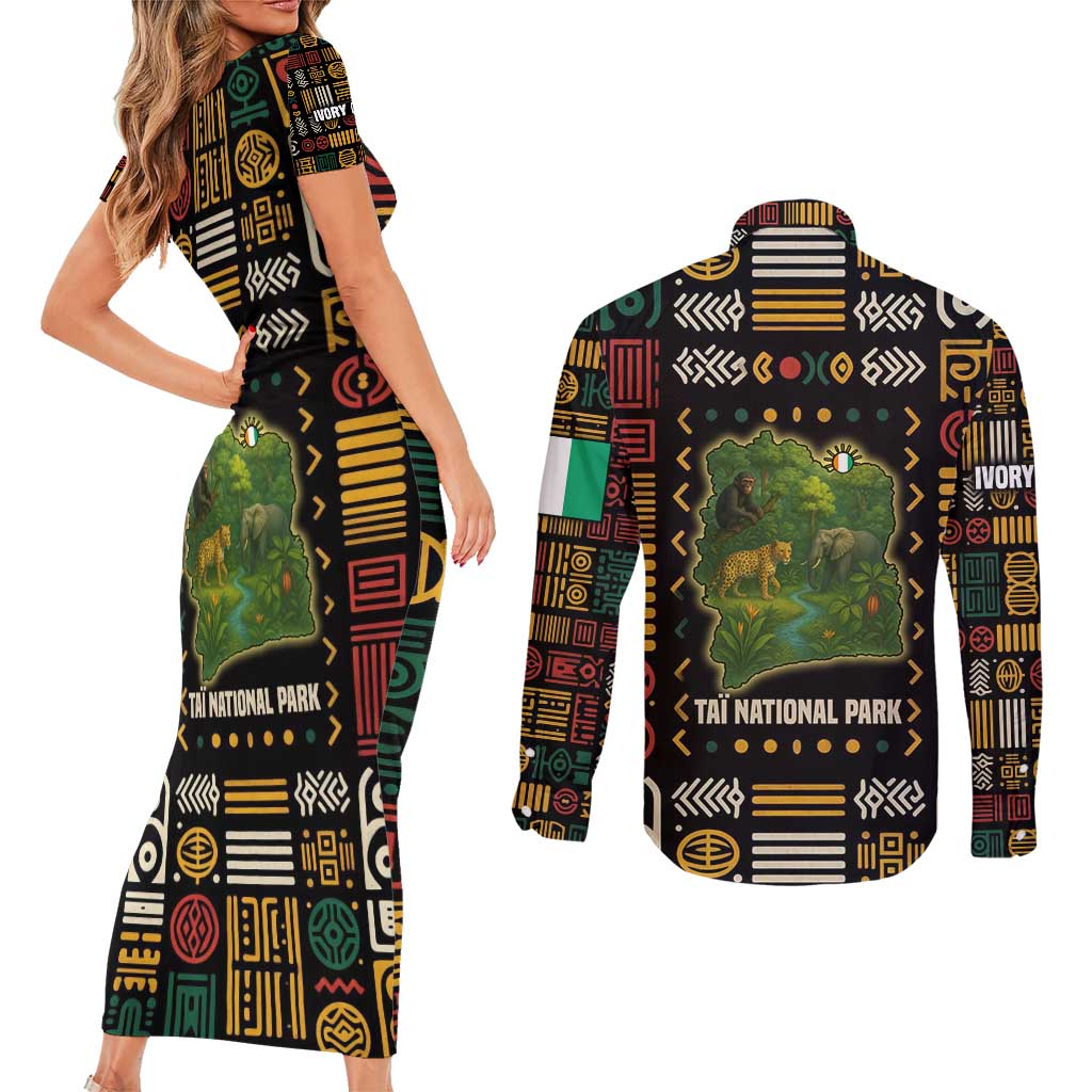 Ivory Coast Couples Matching Short Sleeve Bodycon Dress and Long Sleeve Button Shirt with Taï National Park Wildlife Map Design - Wonder Print Shop