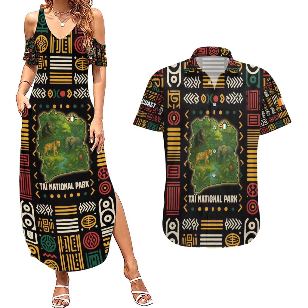 Ivory Coast Couples Matching Summer Maxi Dress and Hawaiian Shirt with Taï National Park Wildlife Map Design - Wonder Print Shop