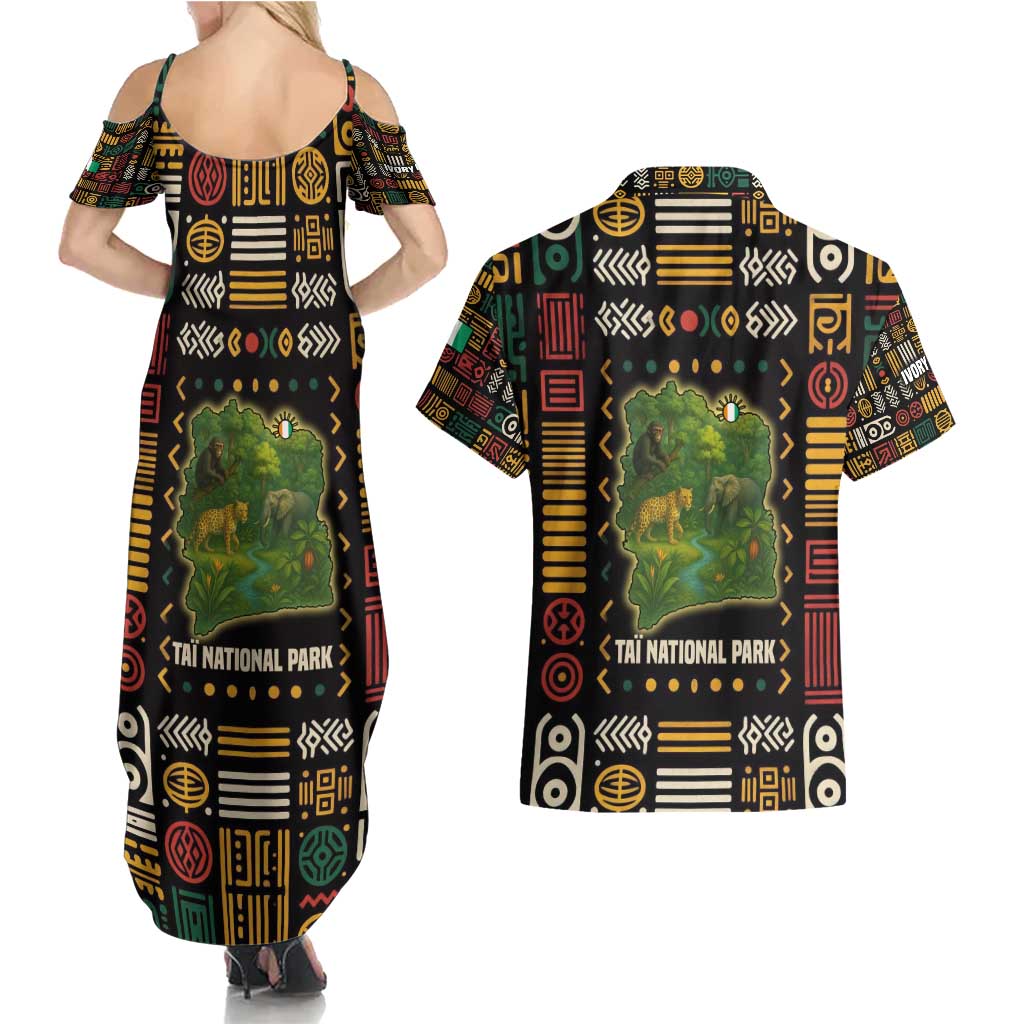 Ivory Coast Couples Matching Summer Maxi Dress and Hawaiian Shirt with Taï National Park Wildlife Map Design - Wonder Print Shop