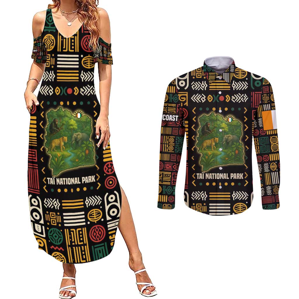 Ivory Coast Couples Matching Summer Maxi Dress and Long Sleeve Button Shirt with Taï National Park Wildlife Map Design - Wonder Print Shop
