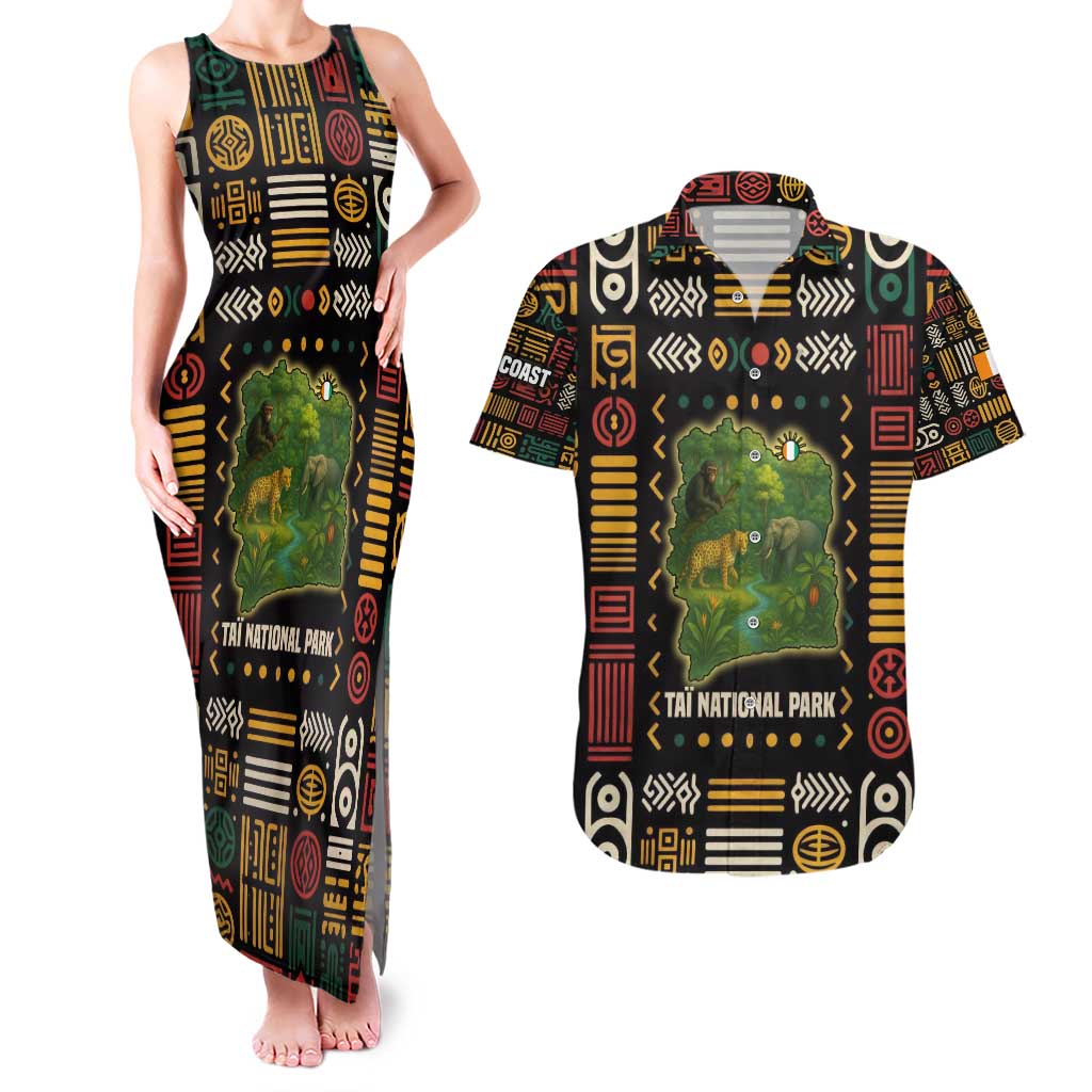 Ivory Coast Couples Matching Tank Maxi Dress and Hawaiian Shirt with Taï National Park Wildlife Map Design - Wonder Print Shop