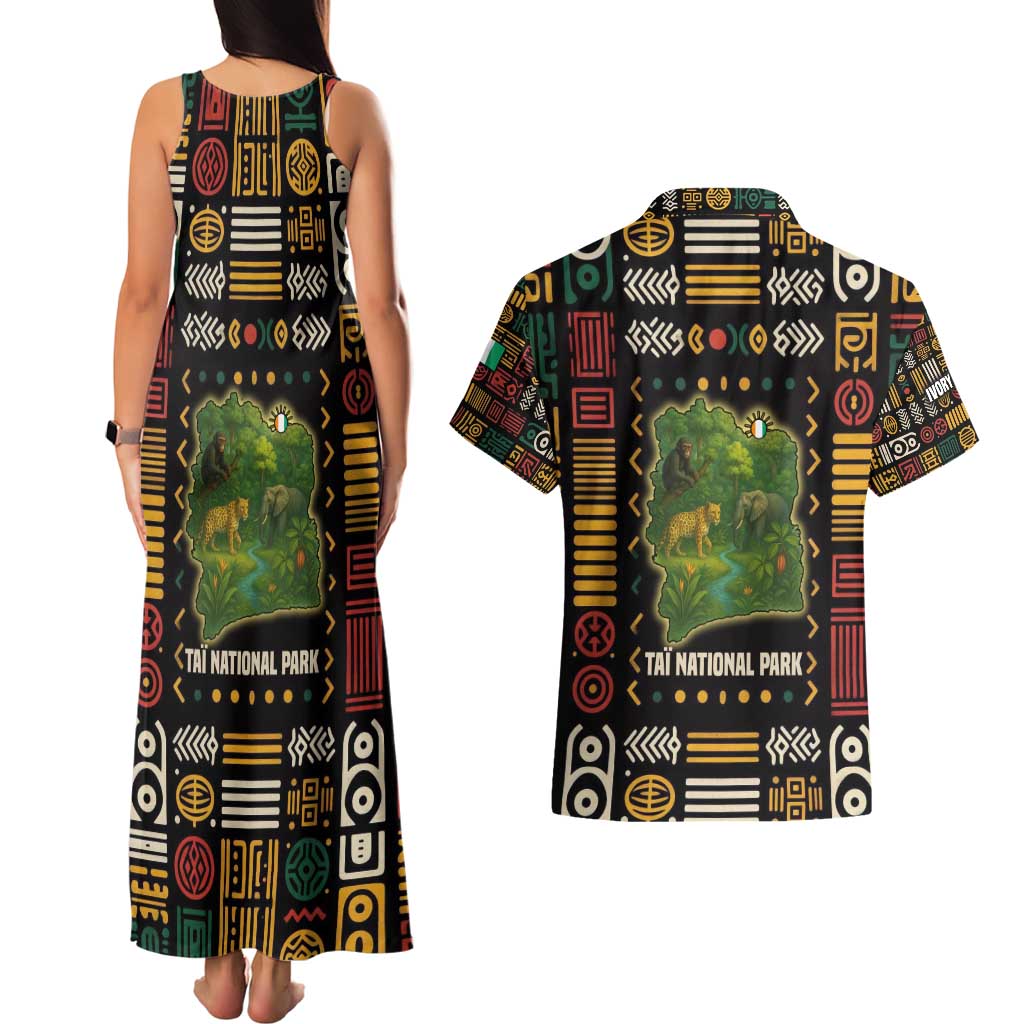 Ivory Coast Couples Matching Tank Maxi Dress and Hawaiian Shirt with Taï National Park Wildlife Map Design - Wonder Print Shop