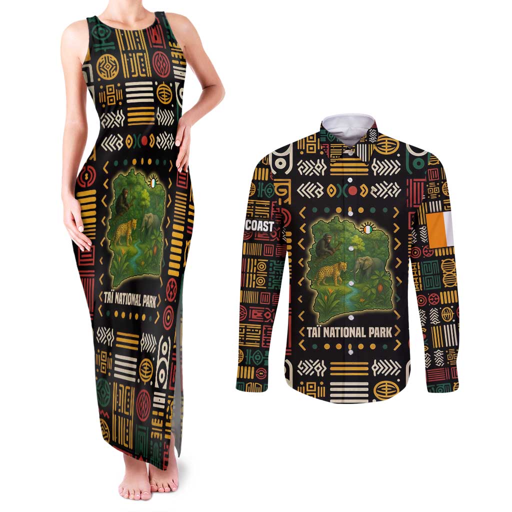 Ivory Coast Couples Matching Tank Maxi Dress and Long Sleeve Button Shirt with Taï National Park Wildlife Map Design - Wonder Print Shop