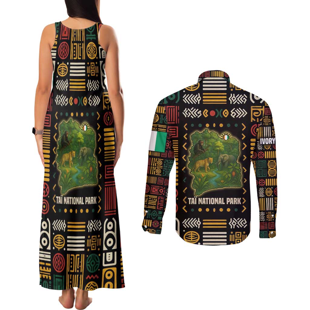 Ivory Coast Couples Matching Tank Maxi Dress and Long Sleeve Button Shirt with Taï National Park Wildlife Map Design - Wonder Print Shop