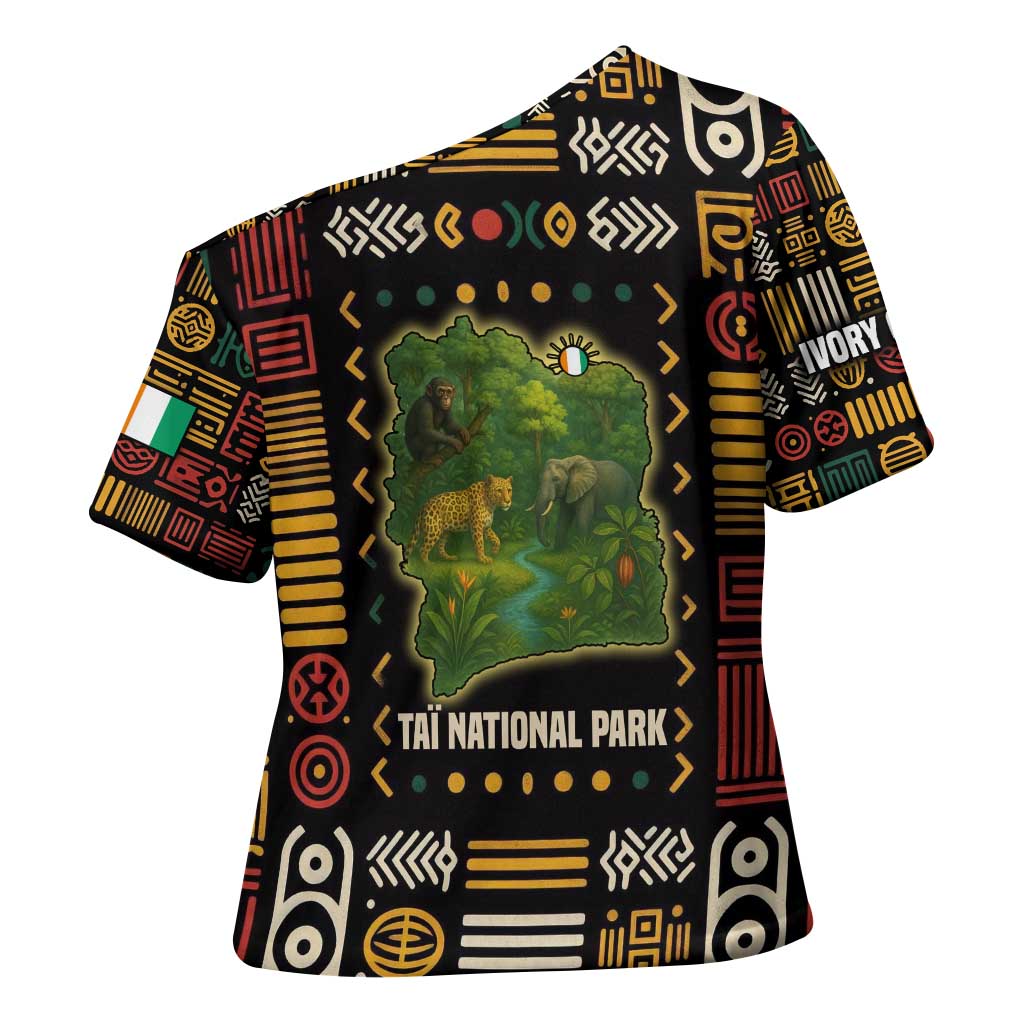 Ivory Coast Cross Shoulder Shirt with Taï National Park Wildlife Map Design - Wonder Print Shop