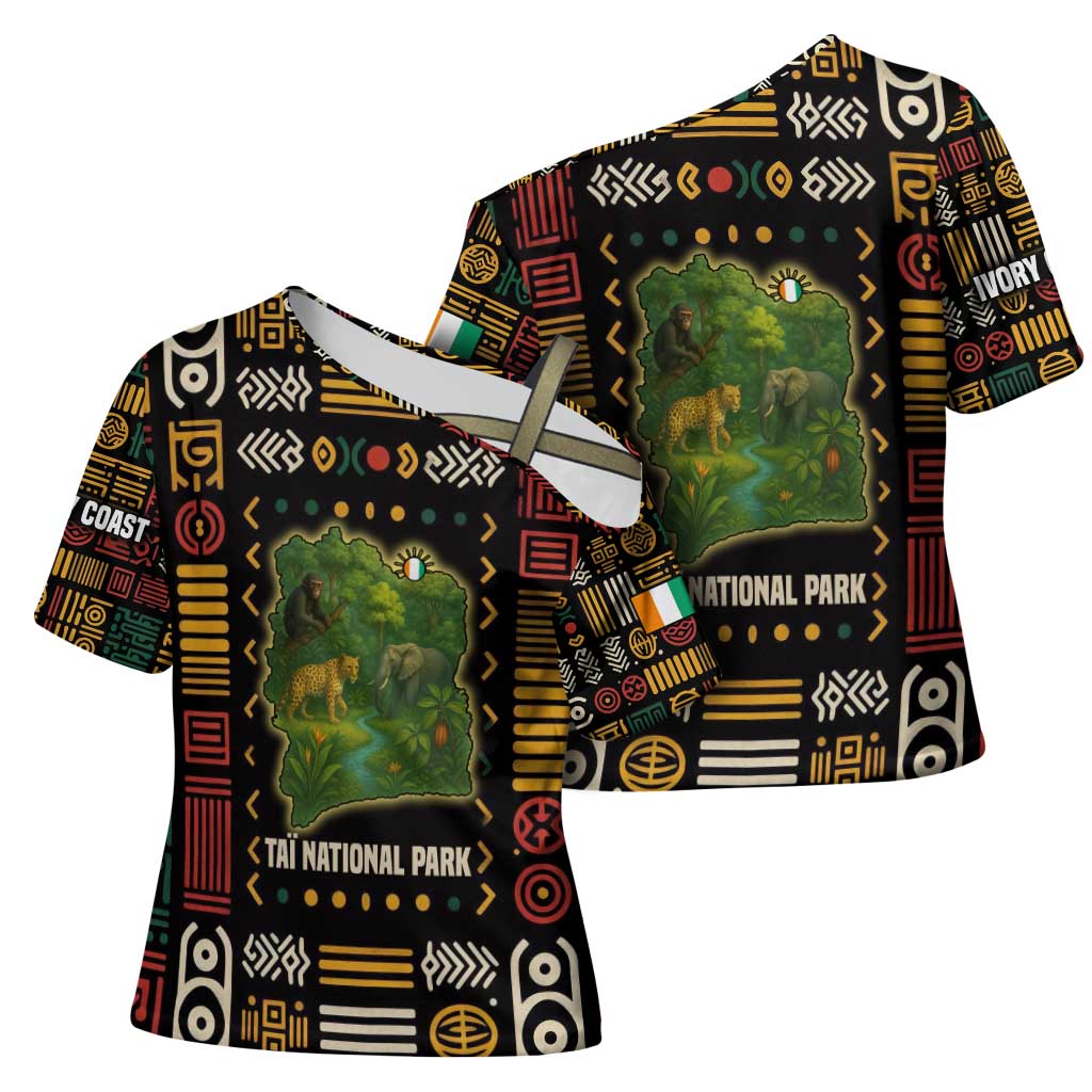 Ivory Coast Cross Shoulder Shirt with Taï National Park Wildlife Map Design - Wonder Print Shop