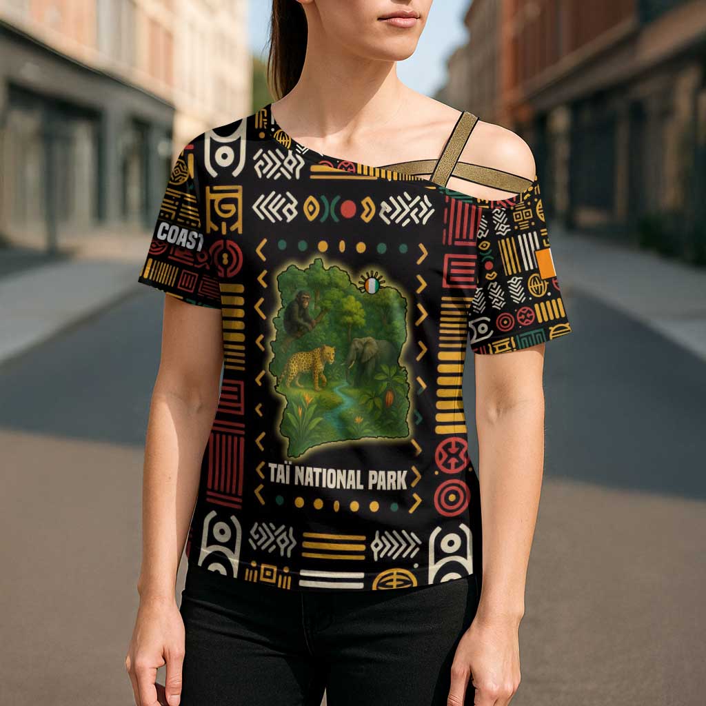 Ivory Coast Cross Shoulder Shirt with Taï National Park Wildlife Map Design - Wonder Print Shop