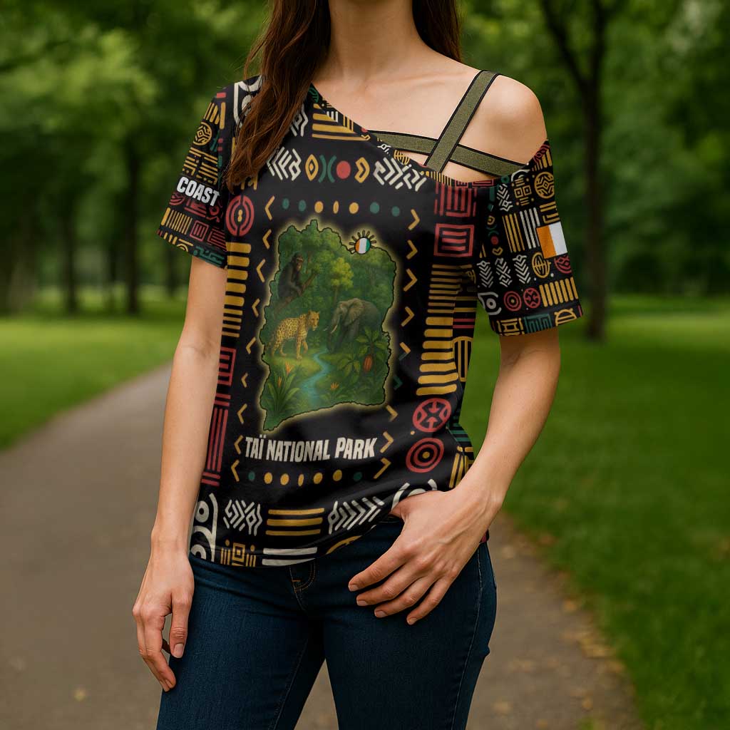 Ivory Coast Cross Shoulder Shirt with Taï National Park Wildlife Map Design - Wonder Print Shop