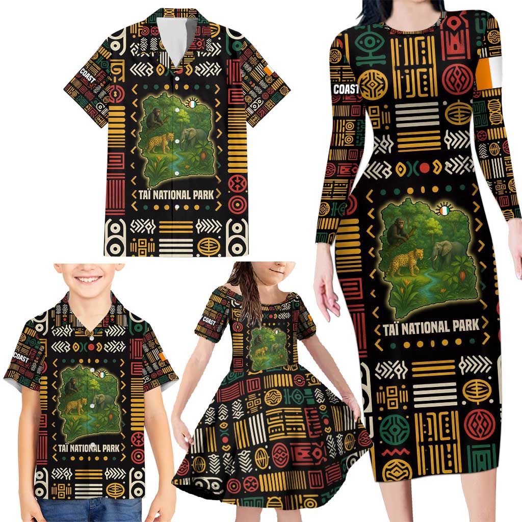 Ivory Coast Family Matching Long Sleeve Bodycon Dress and Hawaiian Shirt with Taï National Park Wildlife Map Design - Wonder Print Shop