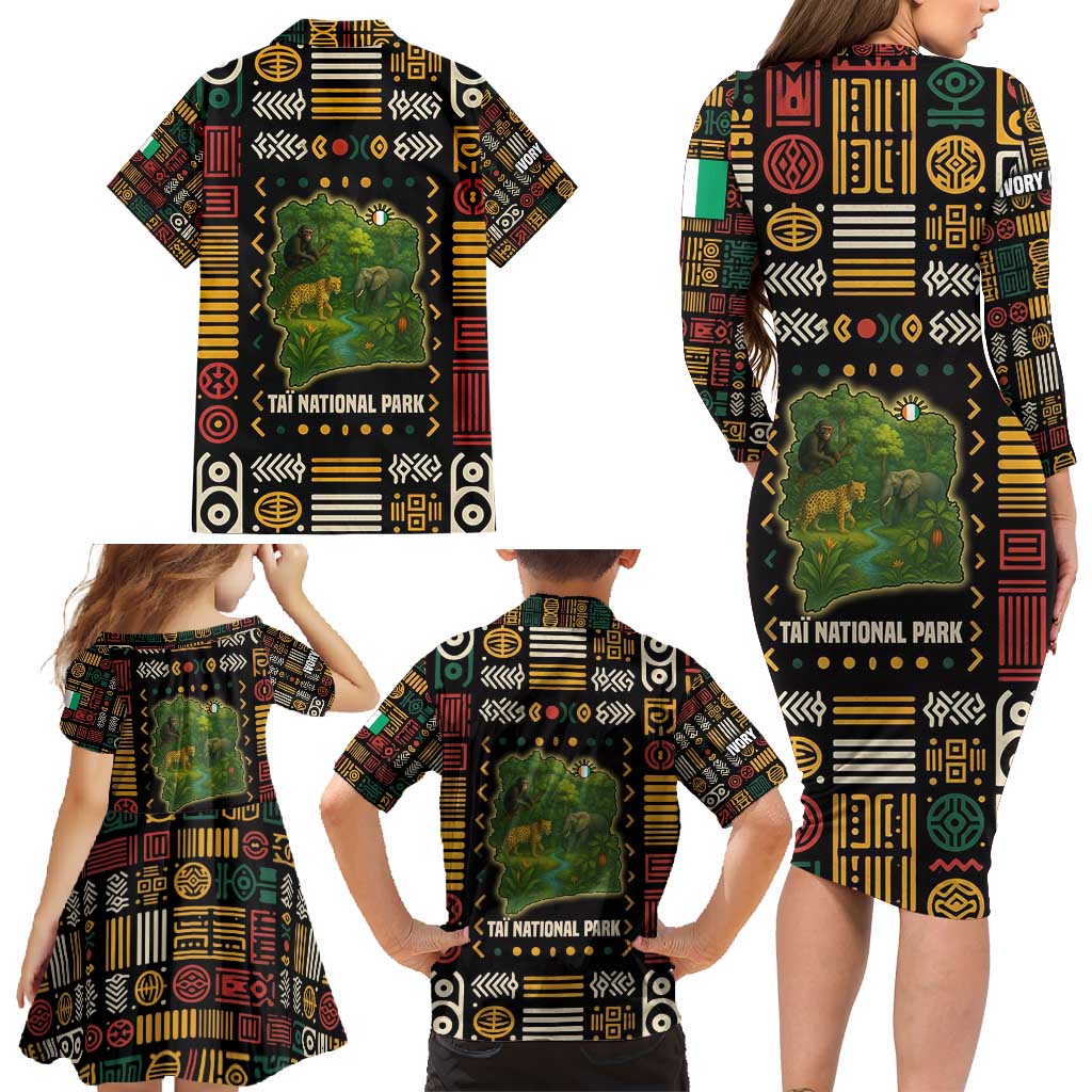 Ivory Coast Family Matching Long Sleeve Bodycon Dress and Hawaiian Shirt with Taï National Park Wildlife Map Design - Wonder Print Shop