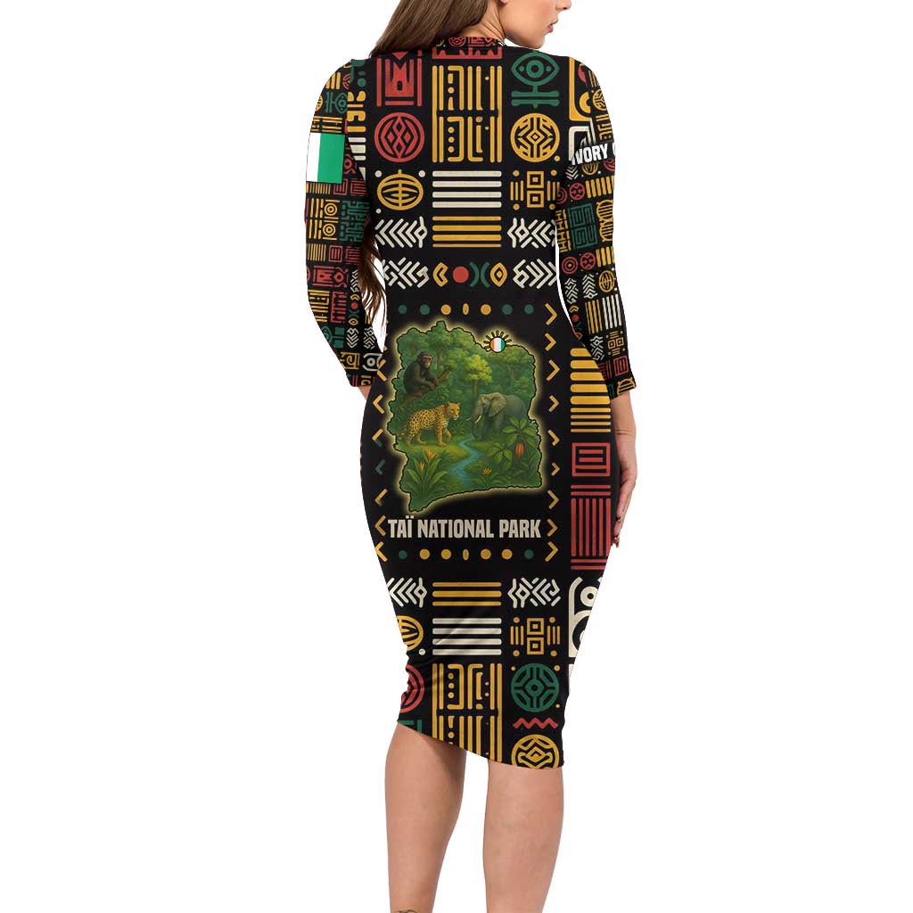 Ivory Coast Family Matching Long Sleeve Bodycon Dress and Hawaiian Shirt with Taï National Park Wildlife Map Design - Wonder Print Shop