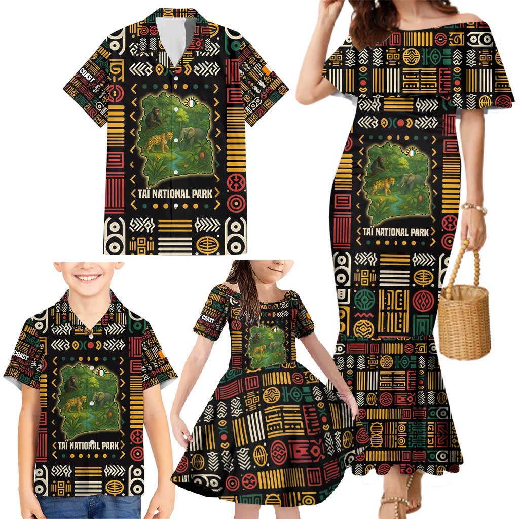 Ivory Coast Family Matching Mermaid Dress and Hawaiian Shirt with Taï National Park Wildlife Map Design - Wonder Print Shop