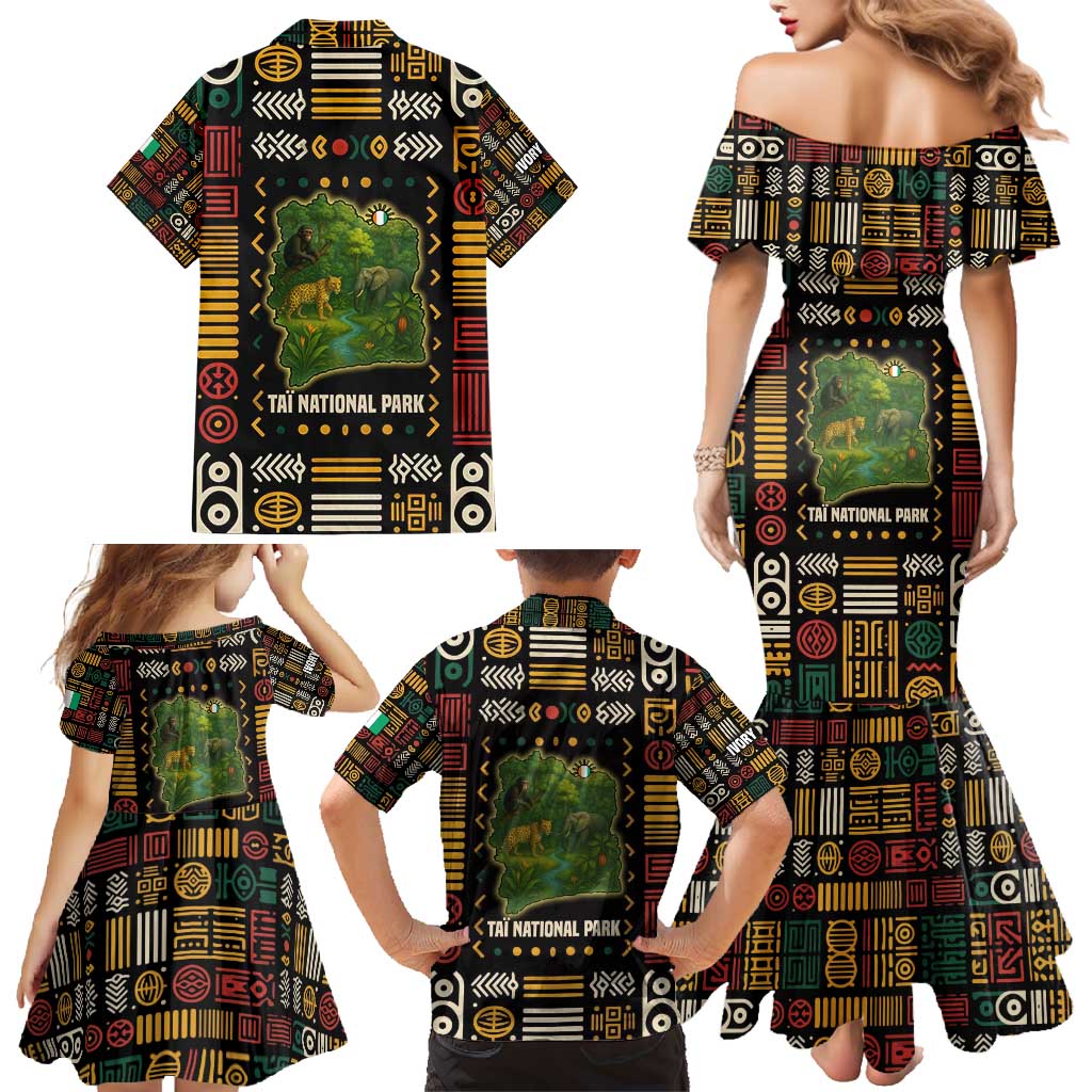 Ivory Coast Family Matching Mermaid Dress and Hawaiian Shirt with Taï National Park Wildlife Map Design - Wonder Print Shop