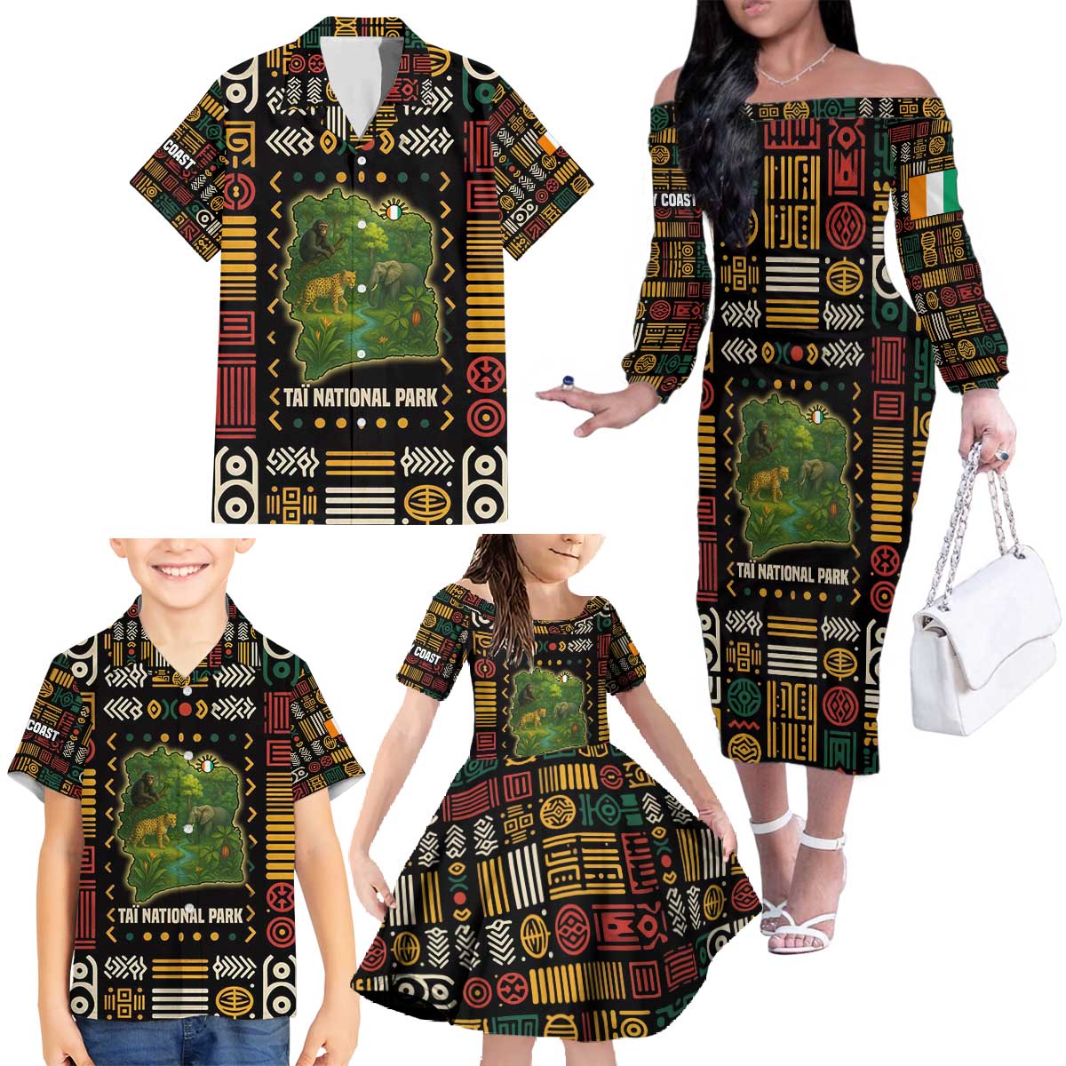 Ivory Coast Family Matching Off The Shoulder Long Sleeve Dress and Hawaiian Shirt with Taï National Park Wildlife Map Design - Wonder Print Shop