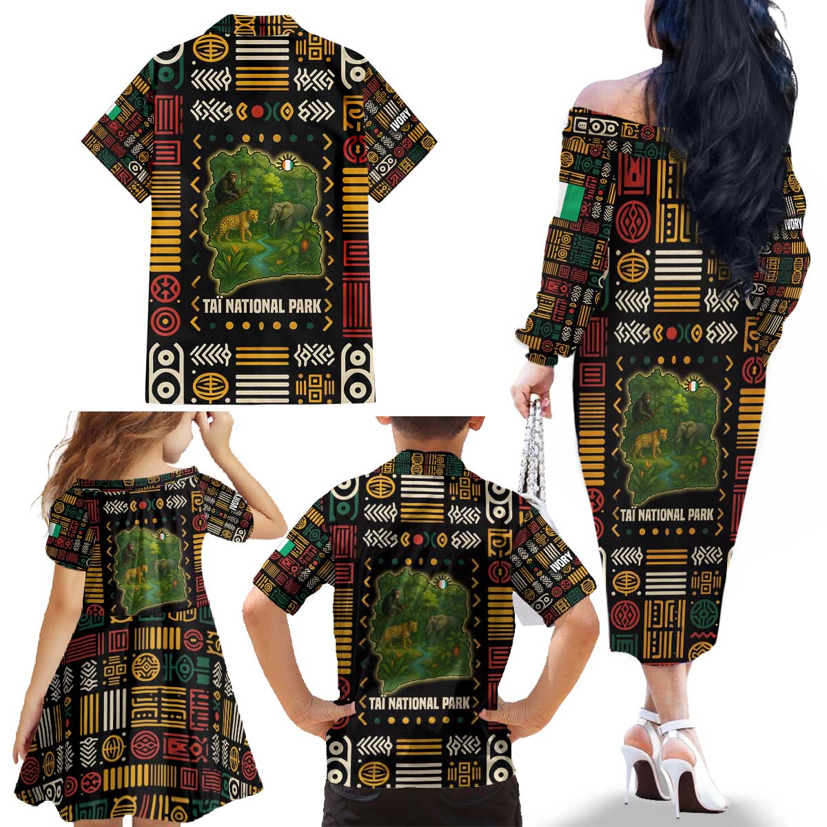 Ivory Coast Family Matching Off The Shoulder Long Sleeve Dress and Hawaiian Shirt with Taï National Park Wildlife Map Design - Wonder Print Shop