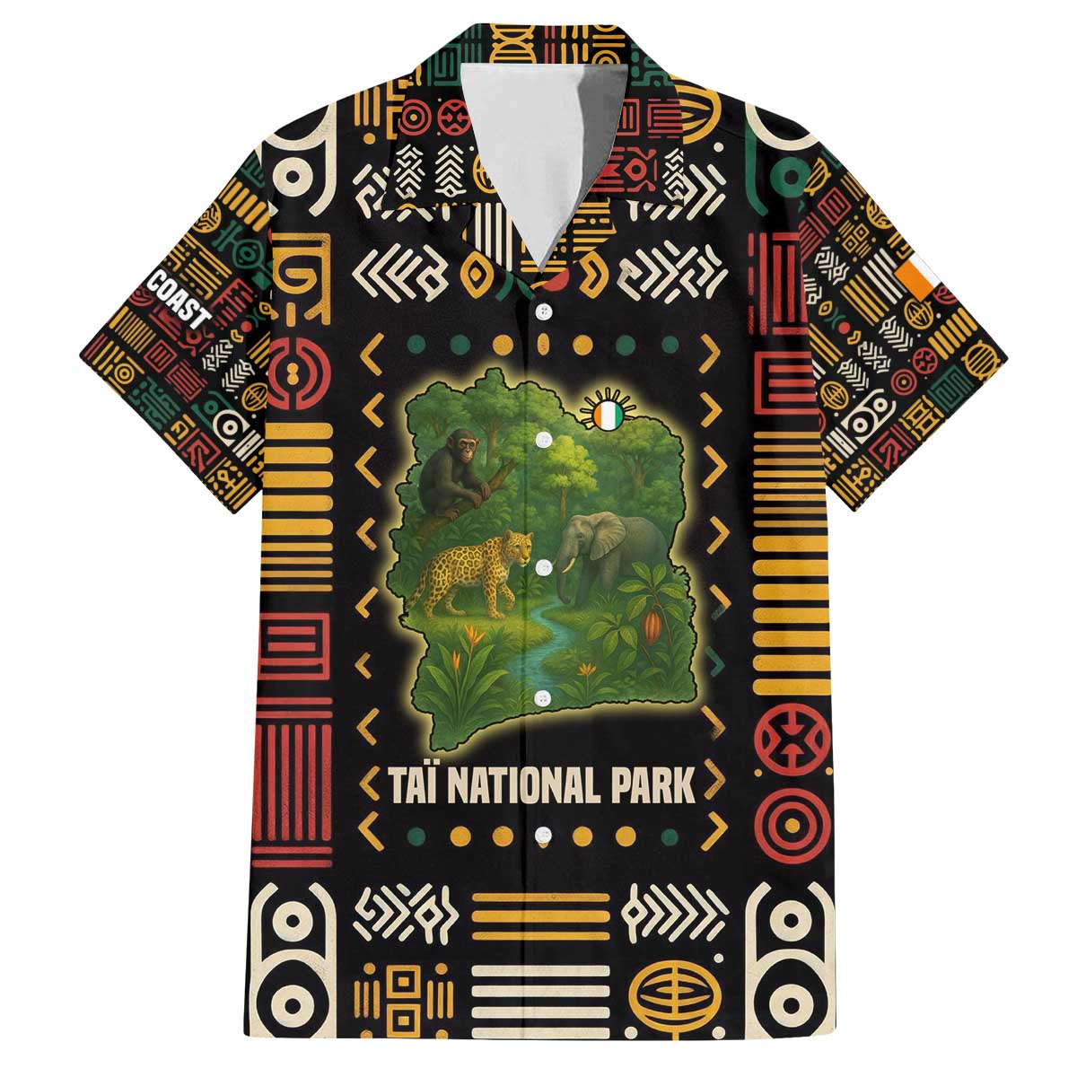 Ivory Coast Family Matching Off The Shoulder Long Sleeve Dress and Hawaiian Shirt with Taï National Park Wildlife Map Design - Wonder Print Shop