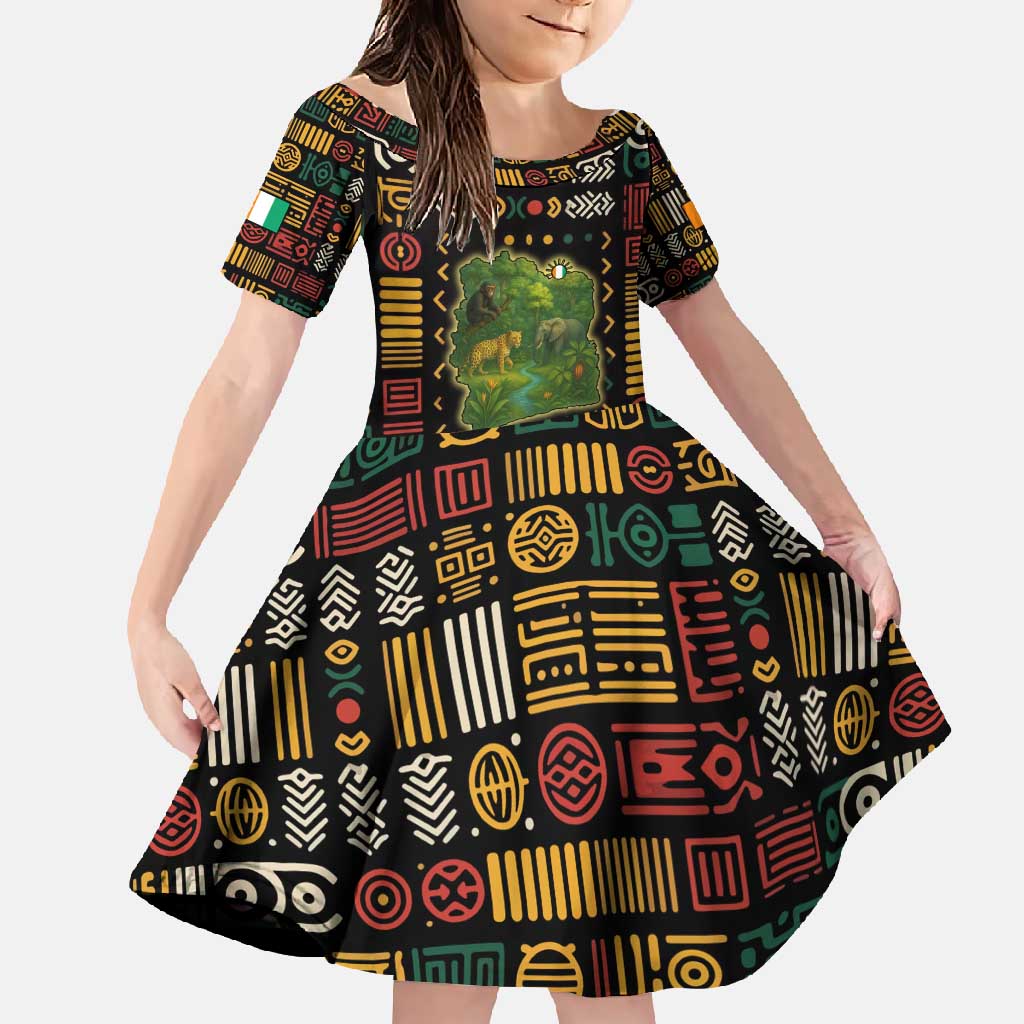 Ivory Coast Family Matching Off Shoulder Maxi Dress and Hawaiian Shirt with Taï National Park Wildlife Map Design - Wonder Print Shop