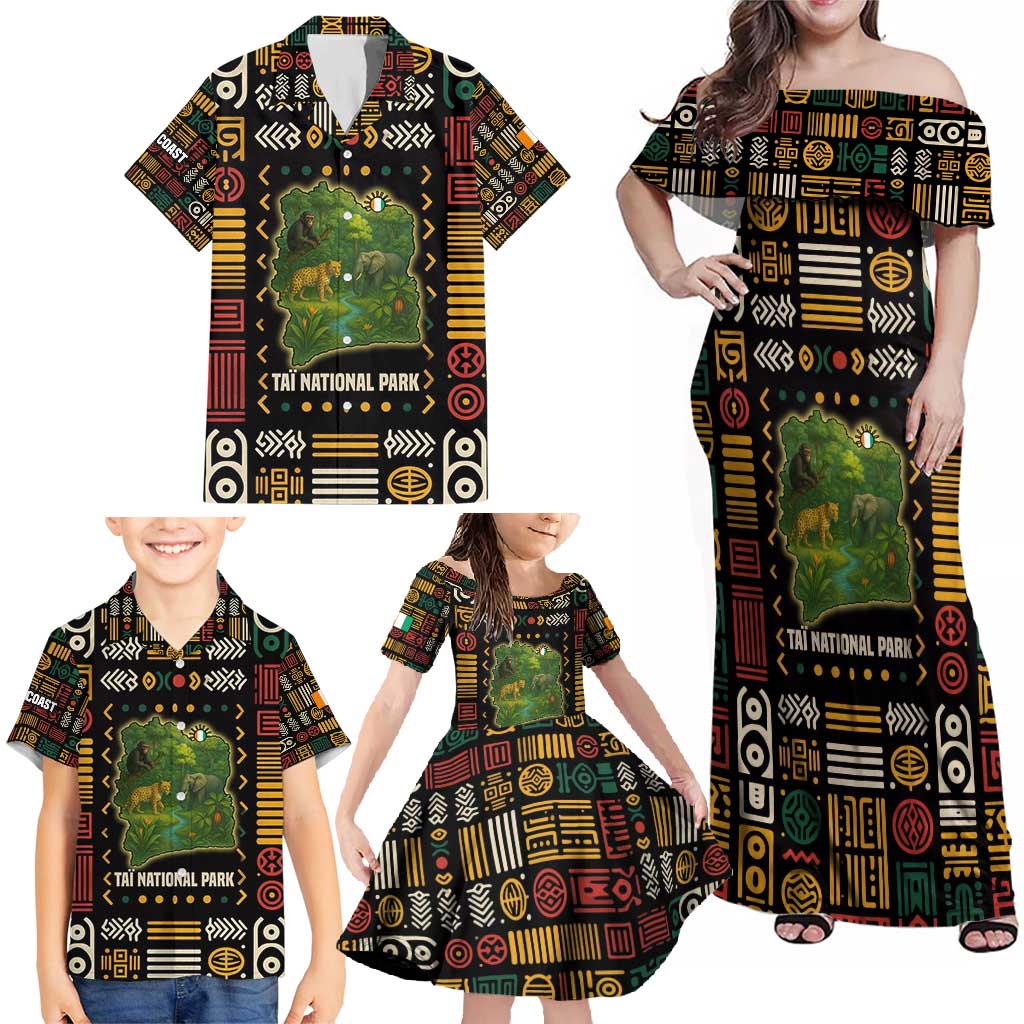 Ivory Coast Family Matching Off Shoulder Maxi Dress and Hawaiian Shirt with Taï National Park Wildlife Map Design - Wonder Print Shop