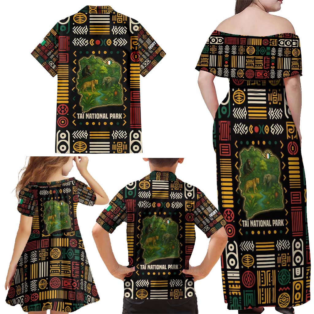Ivory Coast Family Matching Off Shoulder Maxi Dress and Hawaiian Shirt with Taï National Park Wildlife Map Design - Wonder Print Shop