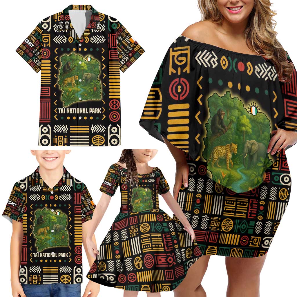 Ivory Coast Family Matching Off Shoulder Short Dress and Hawaiian Shirt with Taï National Park Wildlife Map Design - Wonder Print Shop
