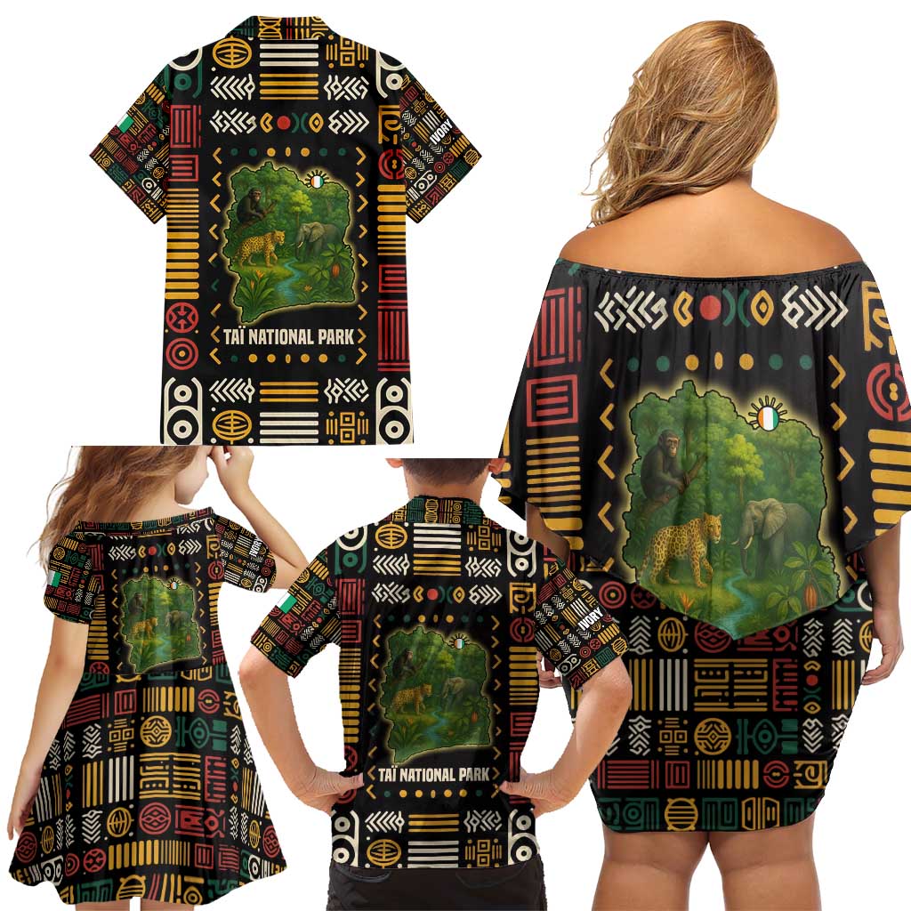 Ivory Coast Family Matching Off Shoulder Short Dress and Hawaiian Shirt with Taï National Park Wildlife Map Design - Wonder Print Shop