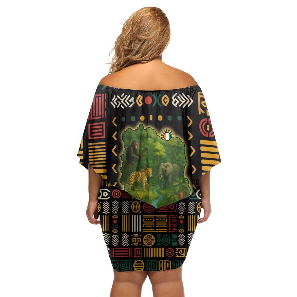 Ivory Coast Family Matching Off Shoulder Short Dress and Hawaiian Shirt with Taï National Park Wildlife Map Design - Wonder Print Shop