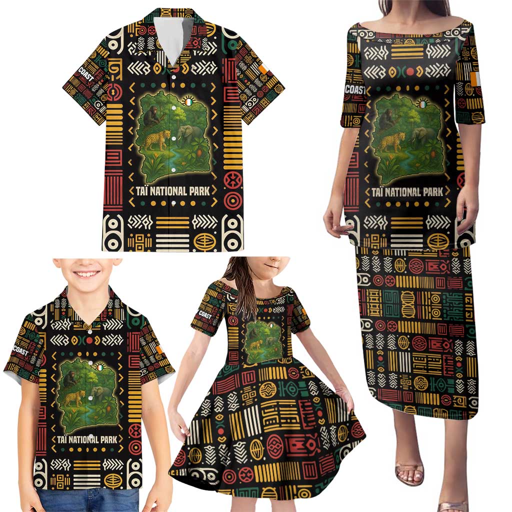 Ivory Coast Family Matching Puletasi and Hawaiian Shirt with Taï National Park Wildlife Map Design - Wonder Print Shop