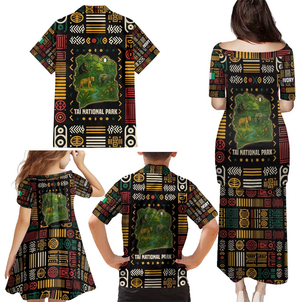 Ivory Coast Family Matching Puletasi and Hawaiian Shirt with Taï National Park Wildlife Map Design - Wonder Print Shop