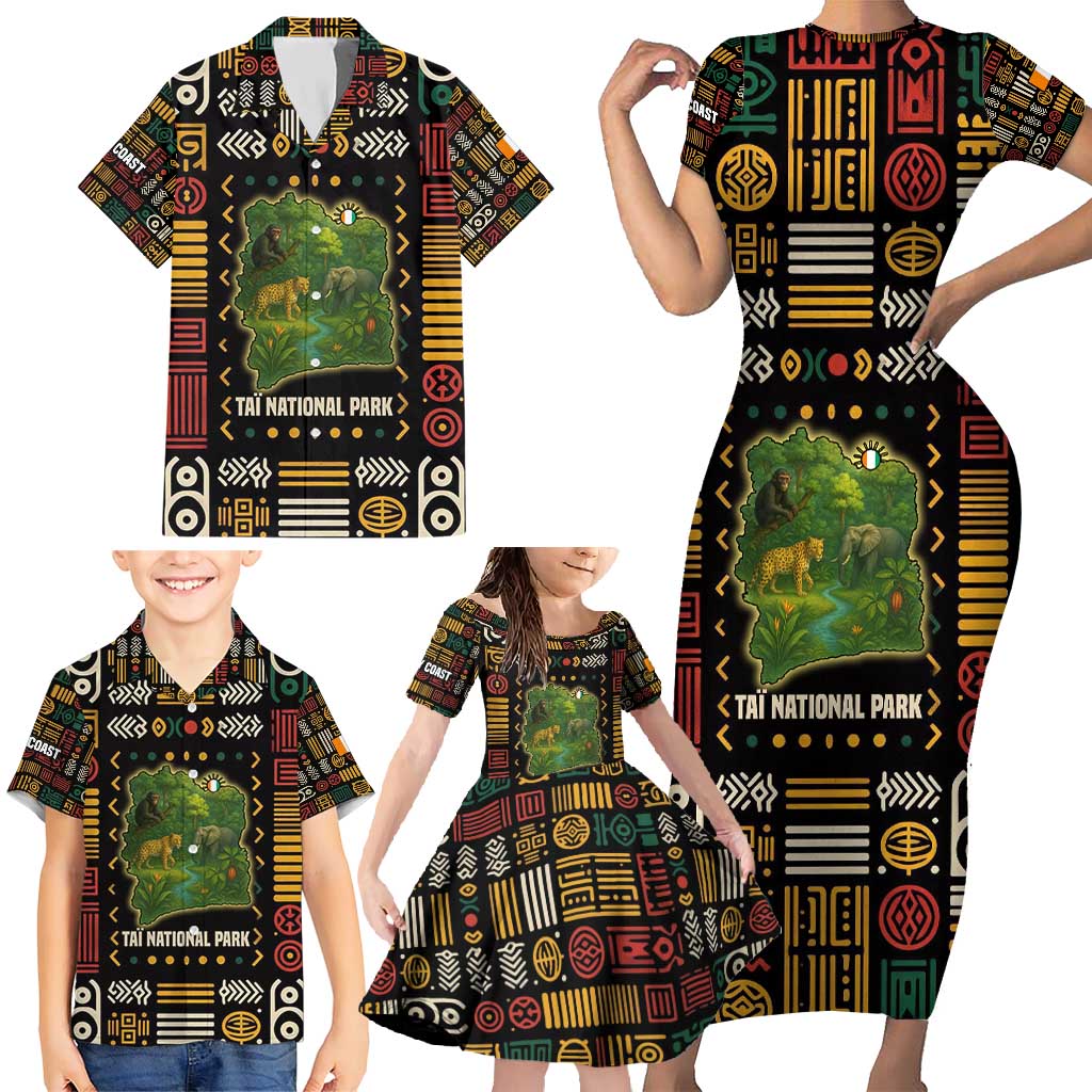 Ivory Coast Family Matching Short Sleeve Bodycon Dress and Hawaiian Shirt with Taï National Park Wildlife Map Design - Wonder Print Shop