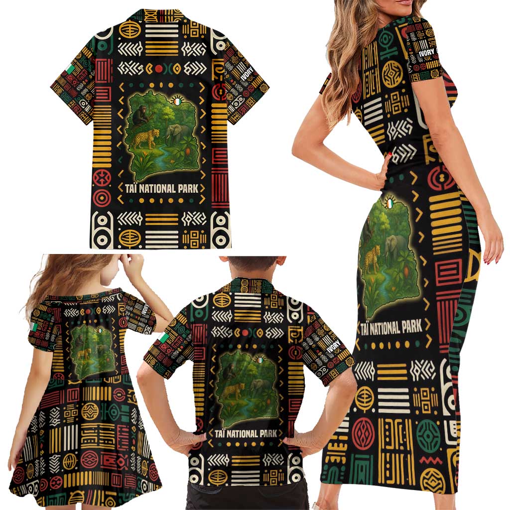 Ivory Coast Family Matching Short Sleeve Bodycon Dress and Hawaiian Shirt with Taï National Park Wildlife Map Design - Wonder Print Shop