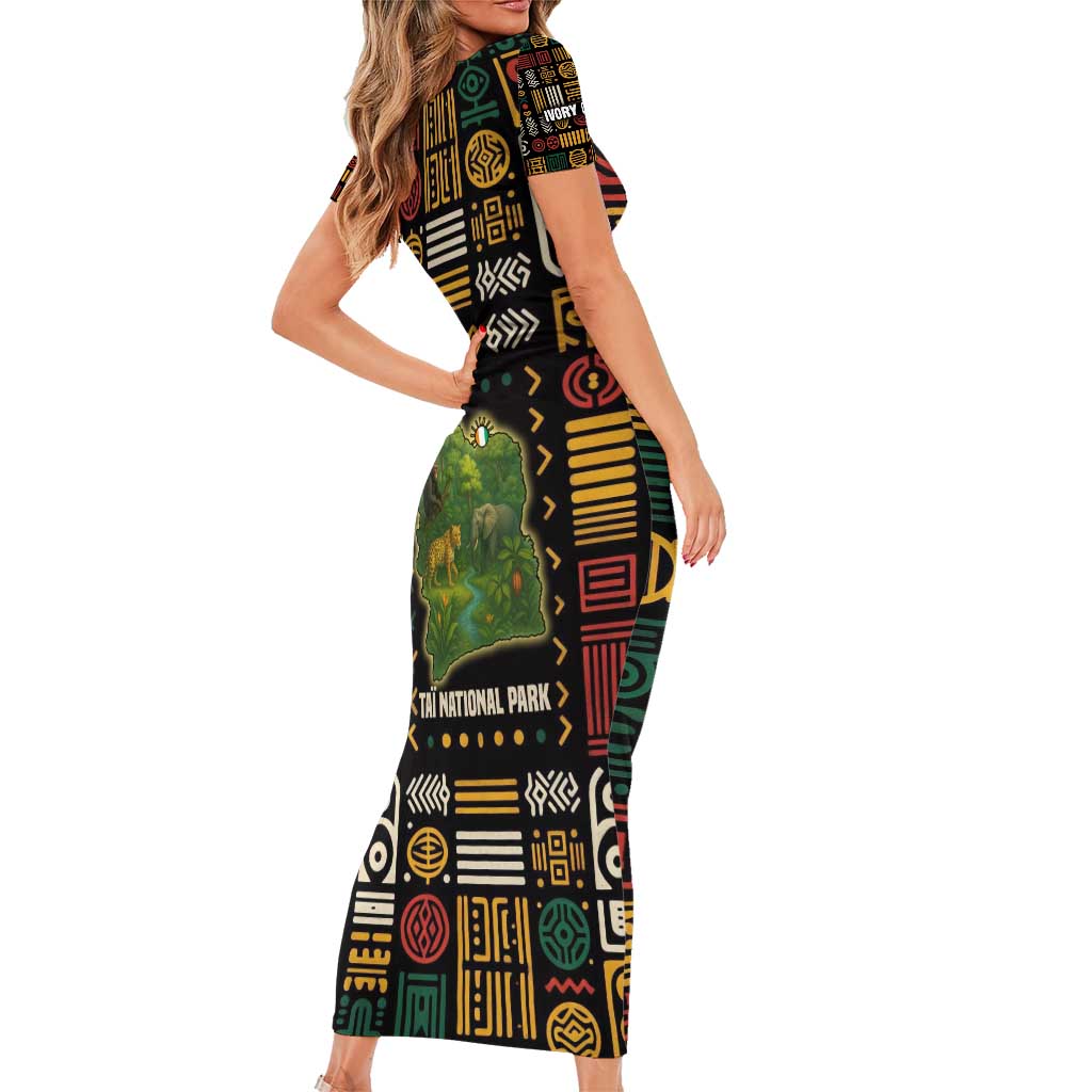 Ivory Coast Family Matching Short Sleeve Bodycon Dress and Hawaiian Shirt with Taï National Park Wildlife Map Design - Wonder Print Shop