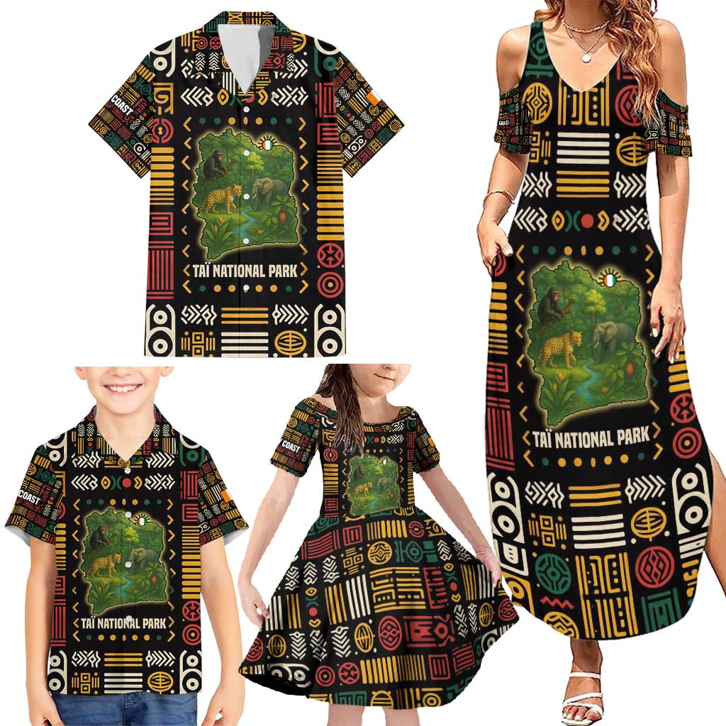 Ivory Coast Family Matching Summer Maxi Dress and Hawaiian Shirt with Taï National Park Wildlife Map Design - Wonder Print Shop