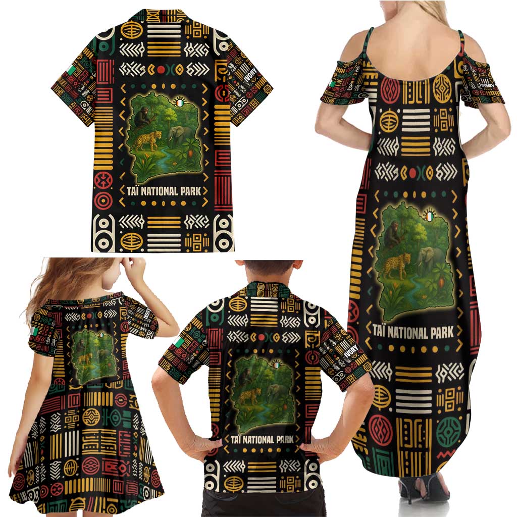 Ivory Coast Family Matching Summer Maxi Dress and Hawaiian Shirt with Taï National Park Wildlife Map Design - Wonder Print Shop