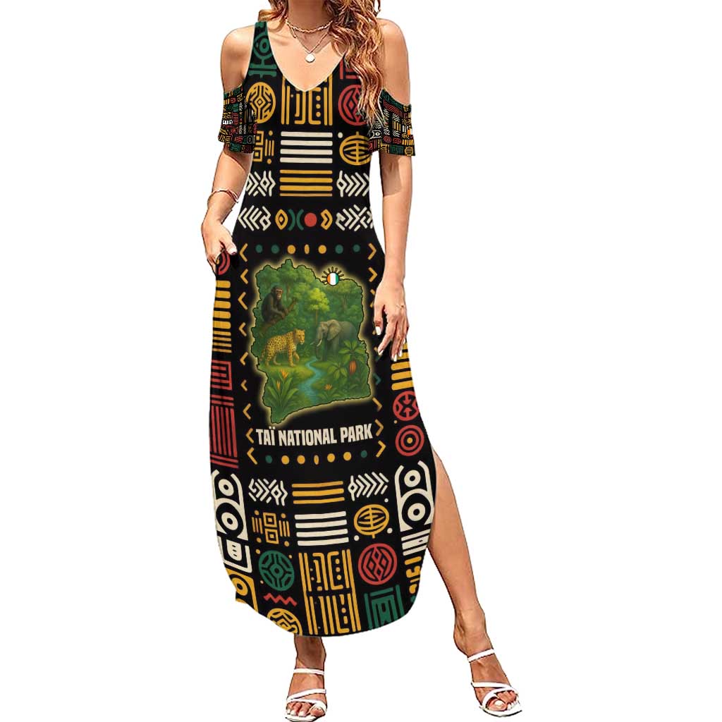 Ivory Coast Family Matching Summer Maxi Dress and Hawaiian Shirt with Taï National Park Wildlife Map Design - Wonder Print Shop