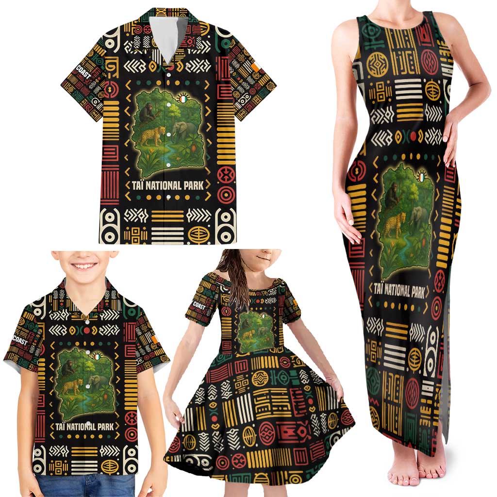 Ivory Coast Family Matching Tank Maxi Dress and Hawaiian Shirt with Taï National Park Wildlife Map Design - Wonder Print Shop