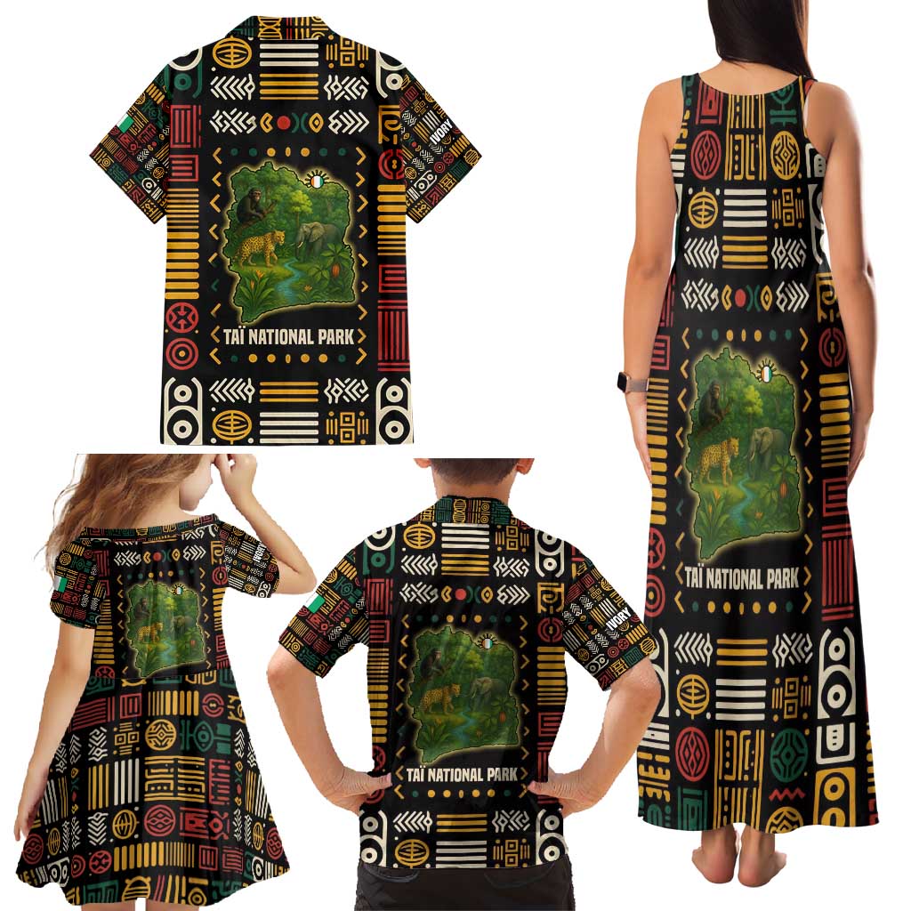 Ivory Coast Family Matching Tank Maxi Dress and Hawaiian Shirt with Taï National Park Wildlife Map Design - Wonder Print Shop
