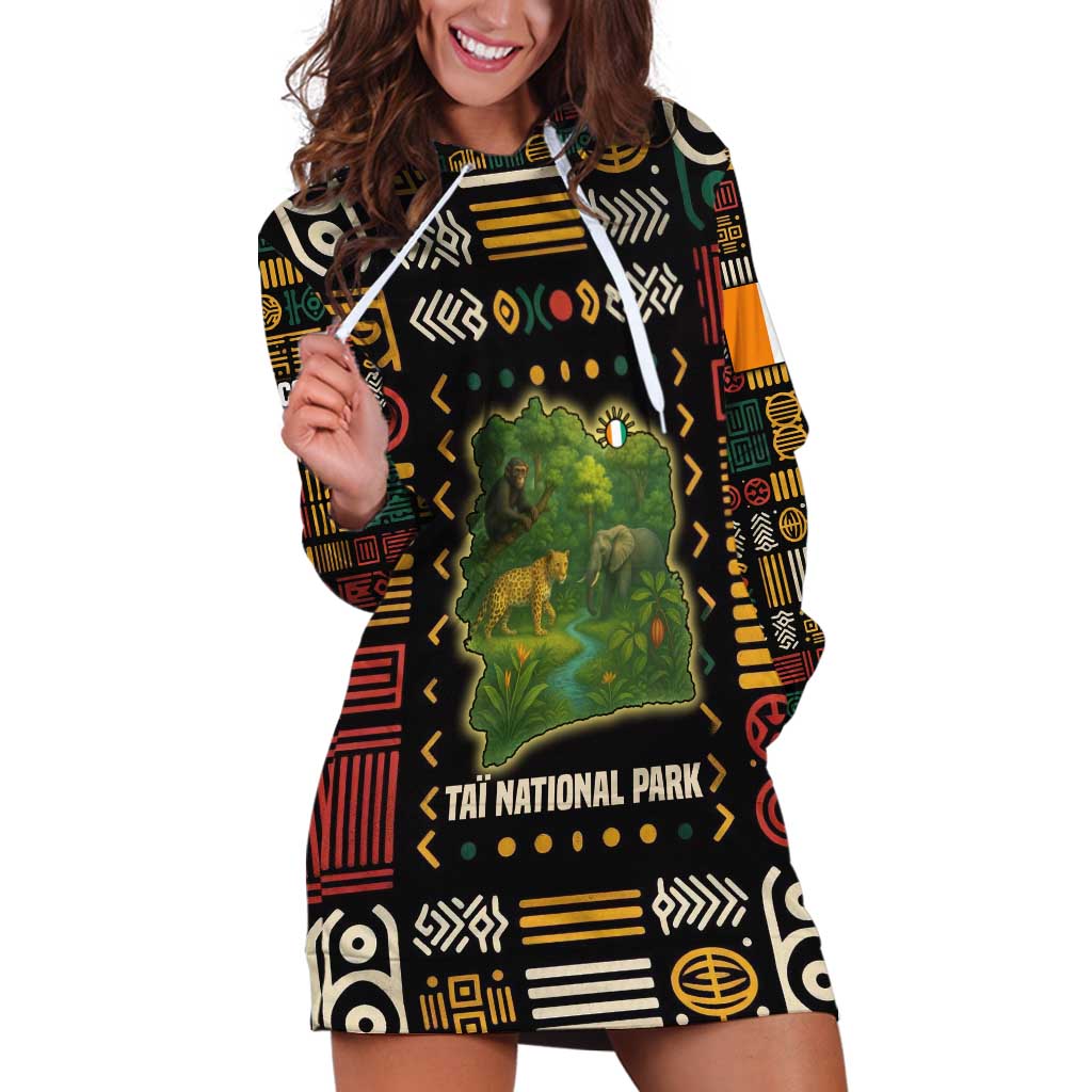 Ivory Coast Hoodie Dress with Taï National Park Wildlife Map Design - Wonder Print Shop