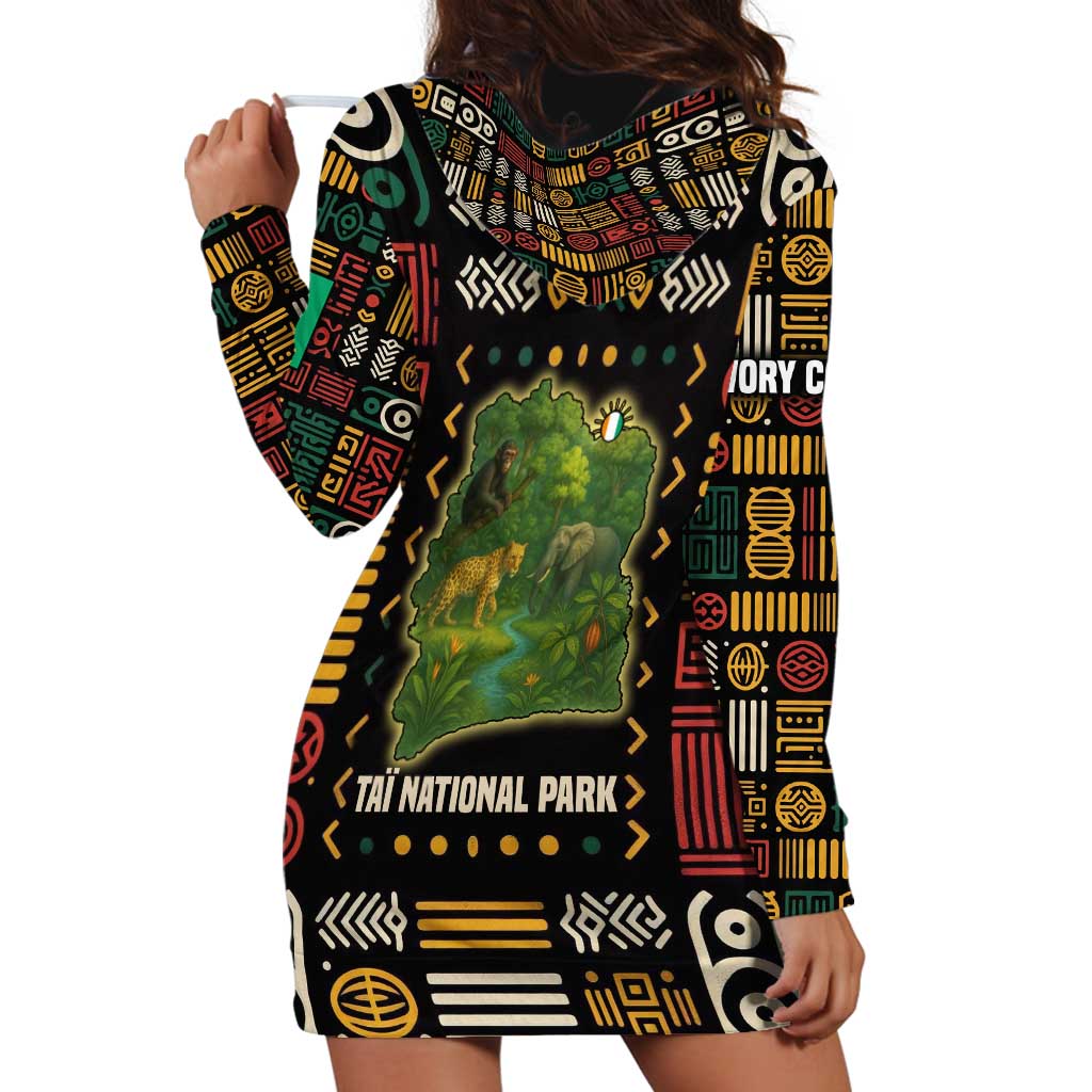 Ivory Coast Hoodie Dress with Taï National Park Wildlife Map Design - Wonder Print Shop