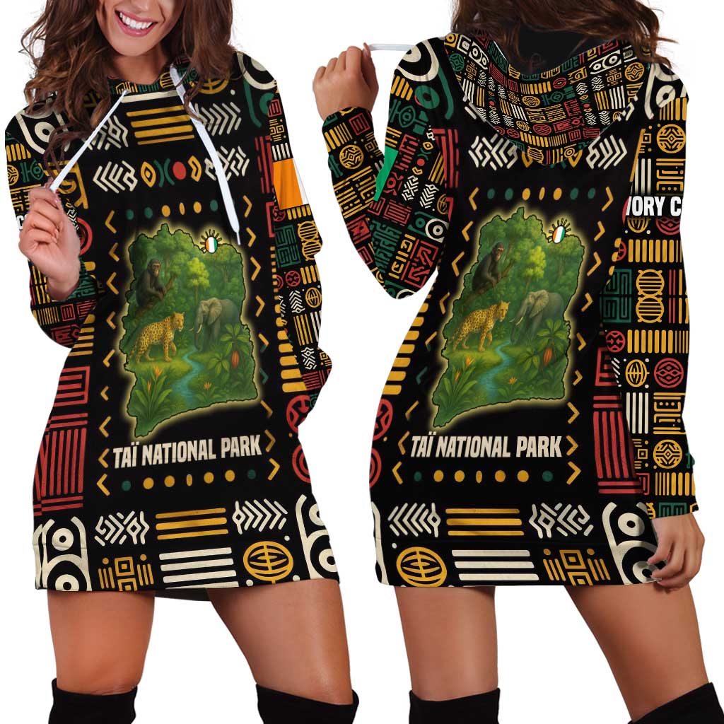 Ivory Coast Hoodie Dress with Taï National Park Wildlife Map Design - Wonder Print Shop