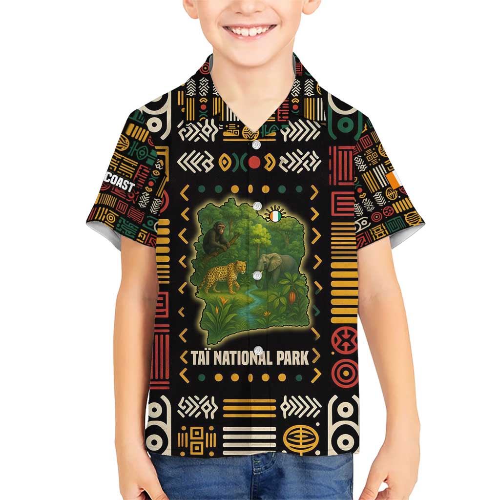 Ivory Coast Kid Hawaiian Shirt with Taï National Park Wildlife Map Design - Wonder Print Shop